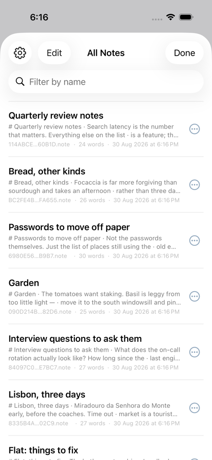 The All Notes list showing every note with its first line, word count and date.