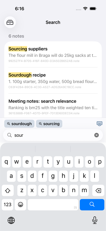 A search for sour showing six matching notes, with Sourcing and Sourdough highlighted in the titles and sourdough and sourcing offered as completions above the keyboard.